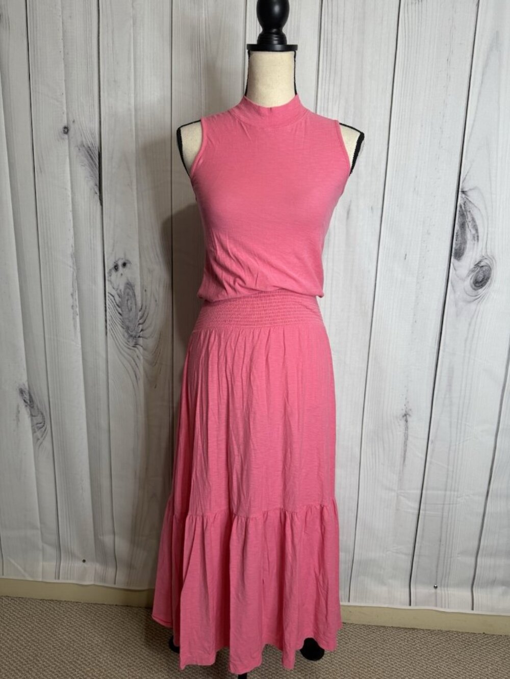 Nation Los Angeles Pink 100% Cotton Smocked Waist Midi Dress Size XS Minimalist